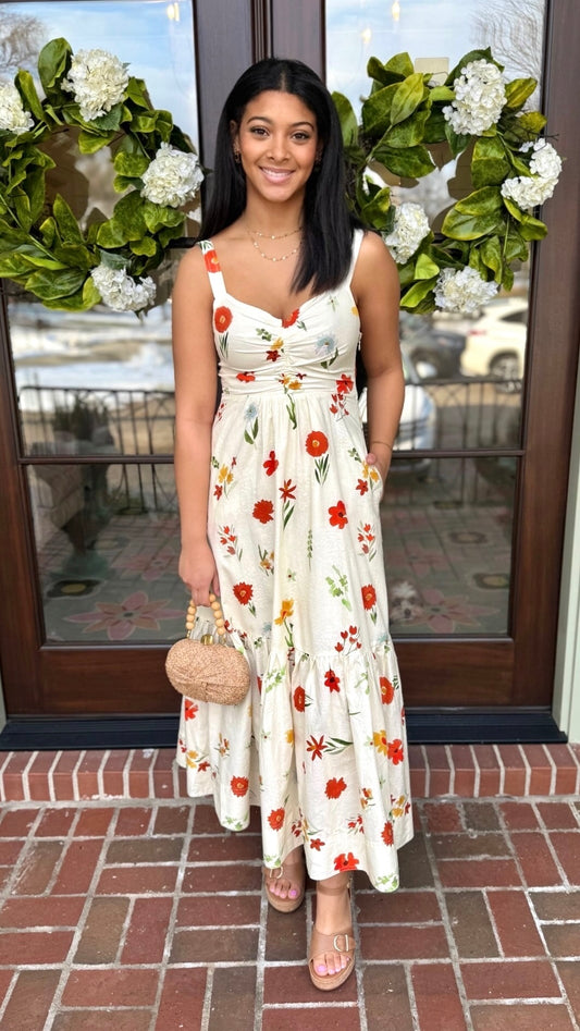 Marie Poppy Midi Dress - Ivory