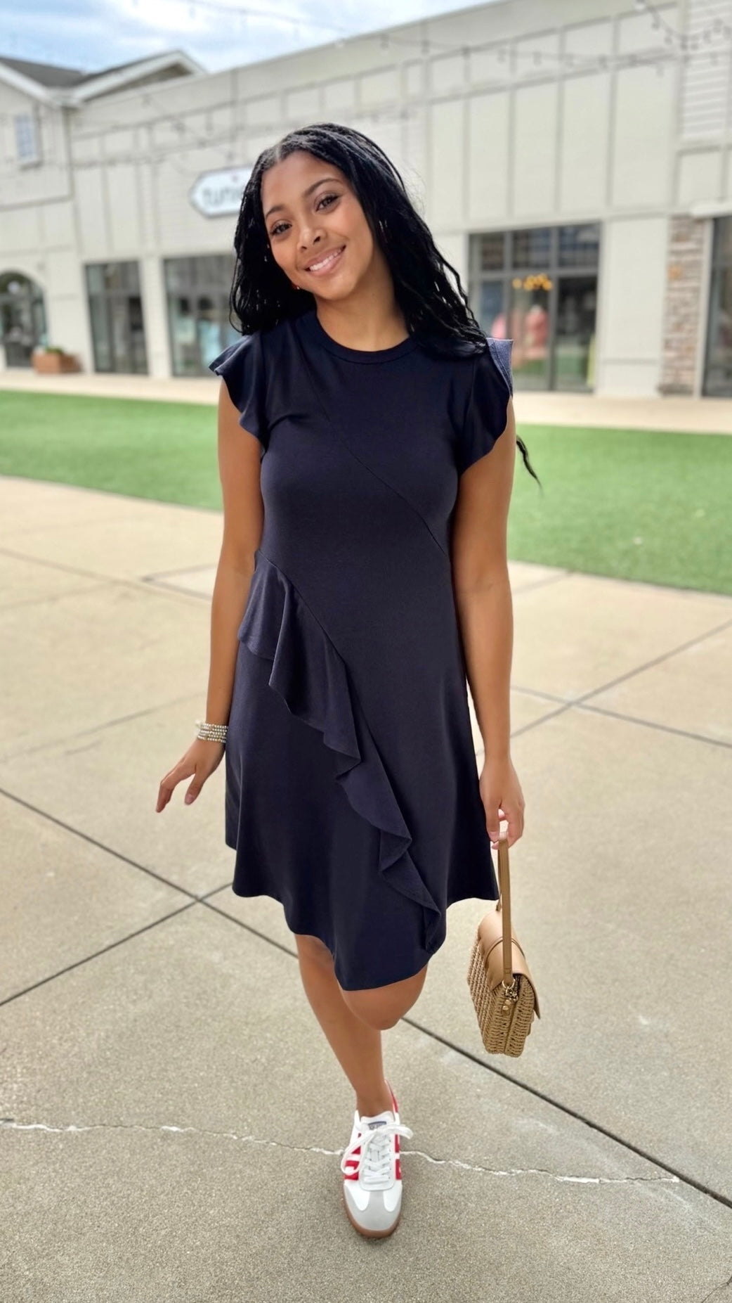Samantha Flutter Sleeve Knit Dress - Navy