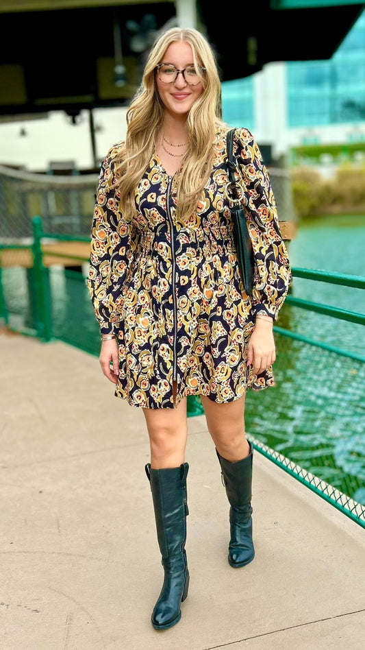Black Floral Zip Mini Dress