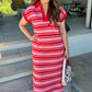 PINK WITH RED STRIPE MIDI DRESS