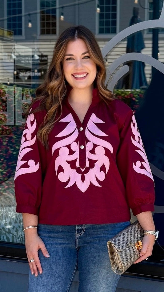 Joseline Swirl Top - Burgundy & Pink