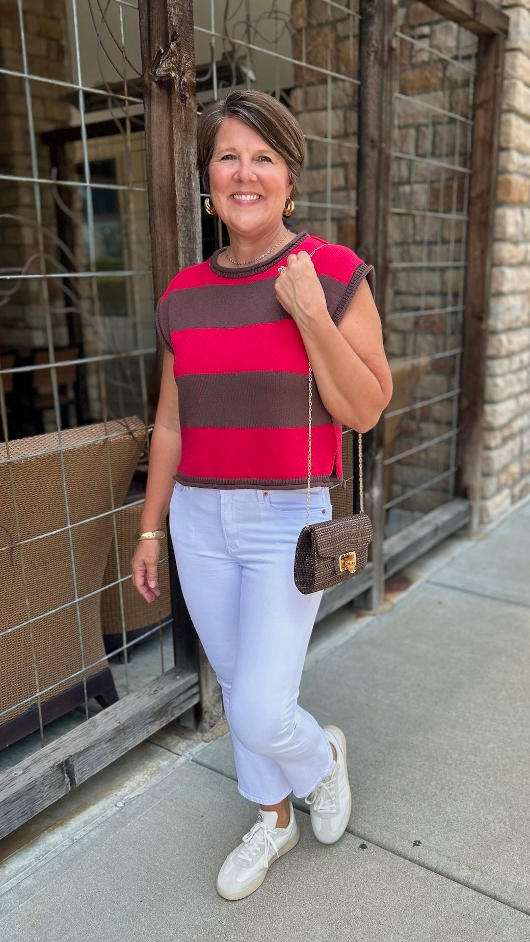 Madelyn Sleeveless Stripe Sweater - Red & Brown