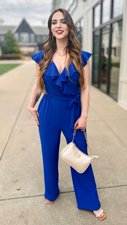 Maggy London Royal Ruffle Wrap Jumpsuit