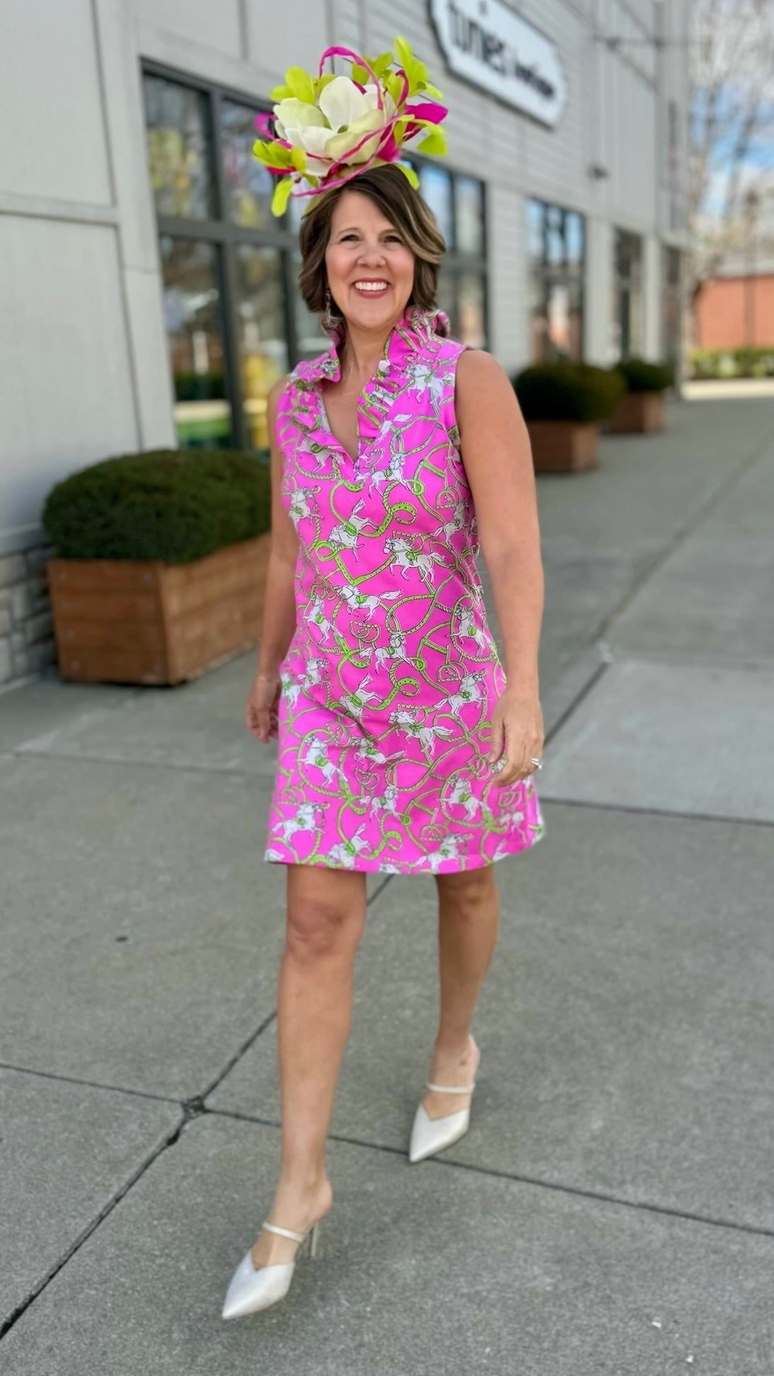 Tabi Horse Bit Ruffled Neck Dress - Pink & Lime