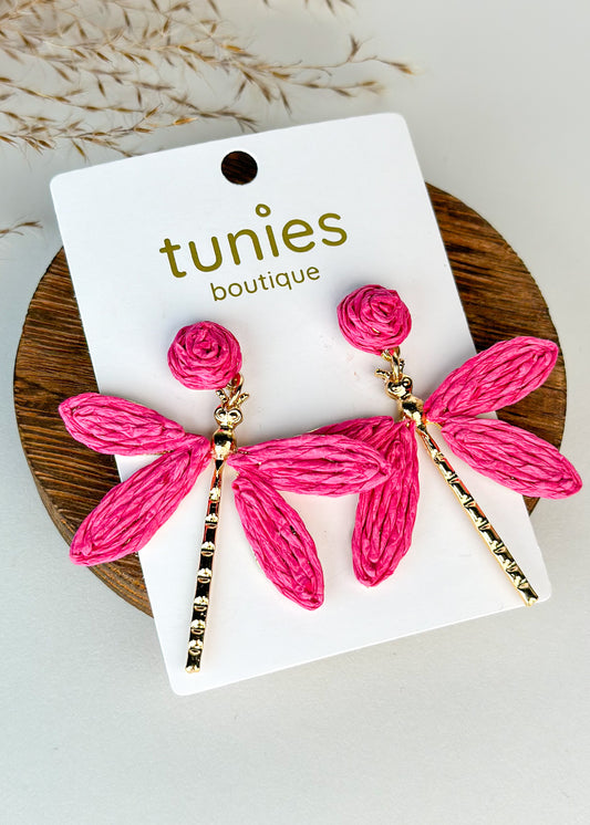 Dragonfly Raffia Earrings - Pink