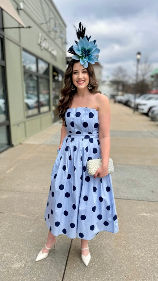 Penny Polka Dot Strapless Dress - Lt Blue/Navy