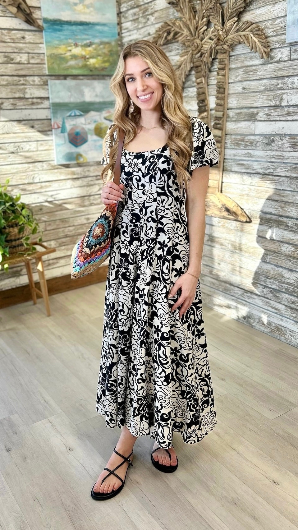 Theresa  Print Midi Dress - Black/White