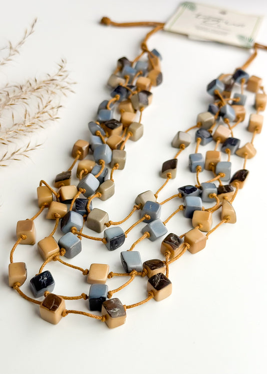 Tagua Julie Sqaure Beaded Necklace - Blue / Brown