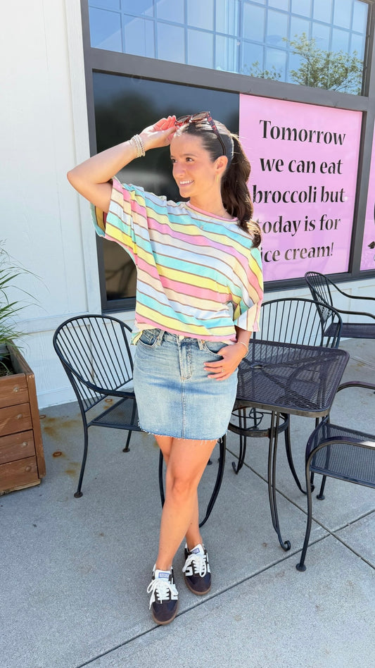 MINERAL WASHED MULTI STRIPE TOP - PINK
