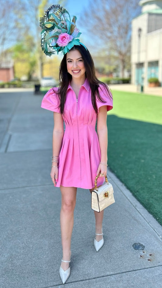 Aubrey Denim Pleat Waist Zip Mini Shirt Dress - Pink