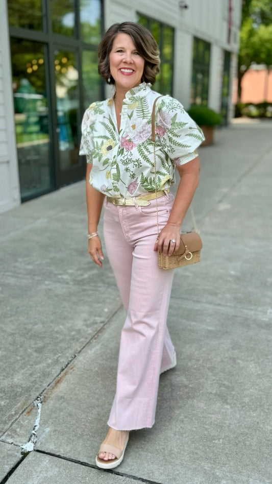 Ruffle Collar Floral Blouse - Pink