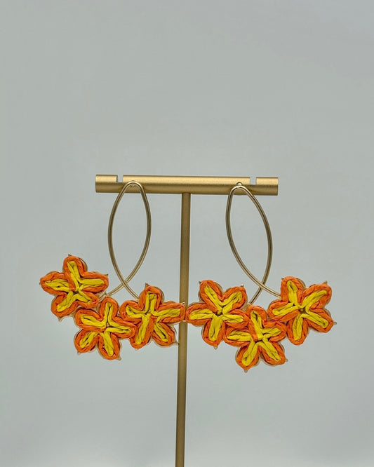 Oval and Flower Raffia Earrings - Orange