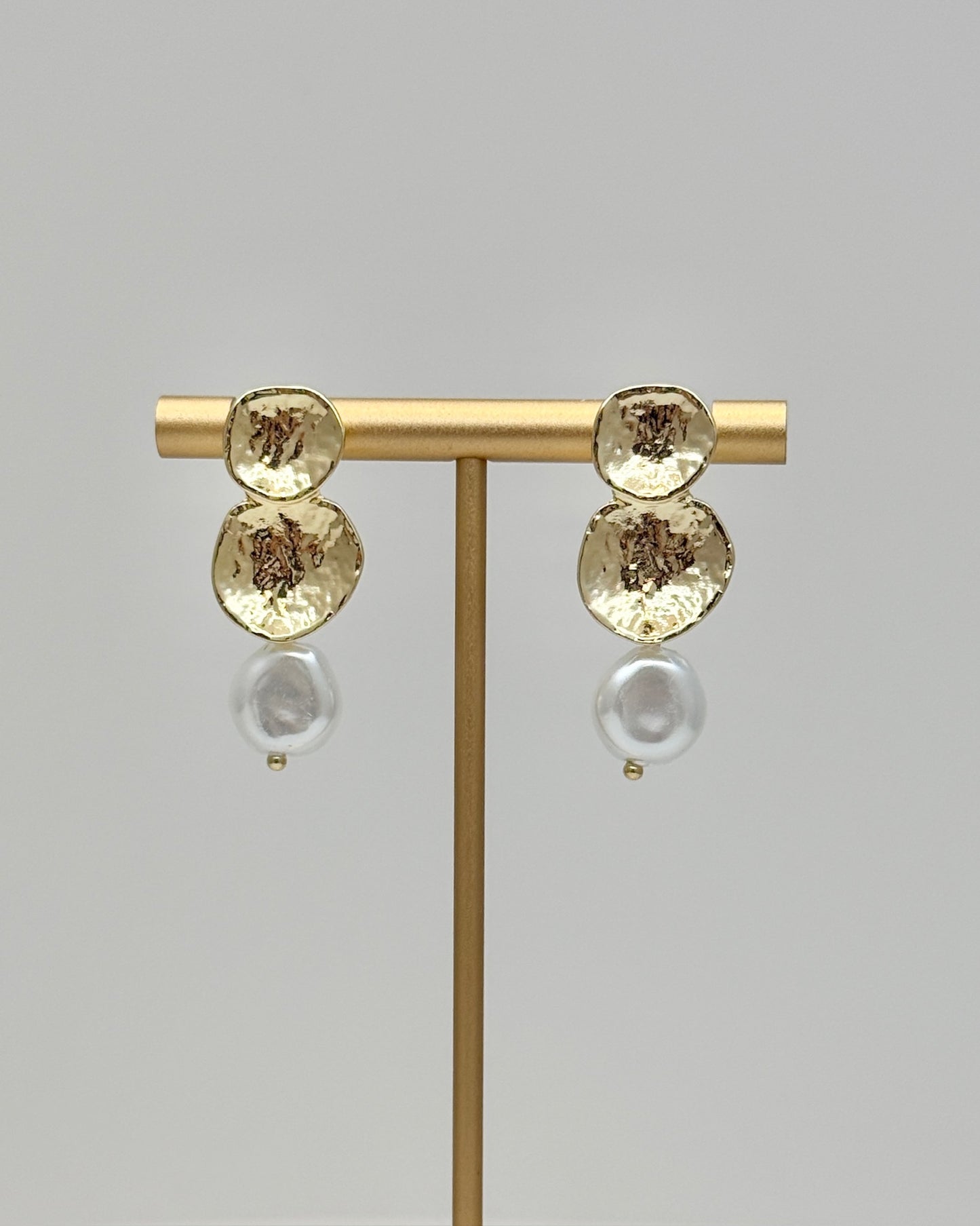 Hammered Gold and Pearl Drop Earrings