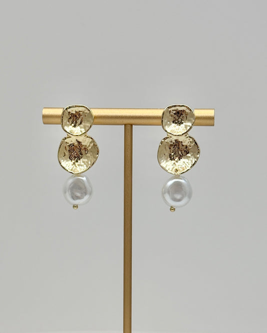 Hammered Gold and Pearl Drop Earrings