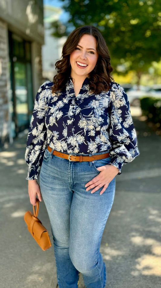 Floral Button Up Blouse - Navy