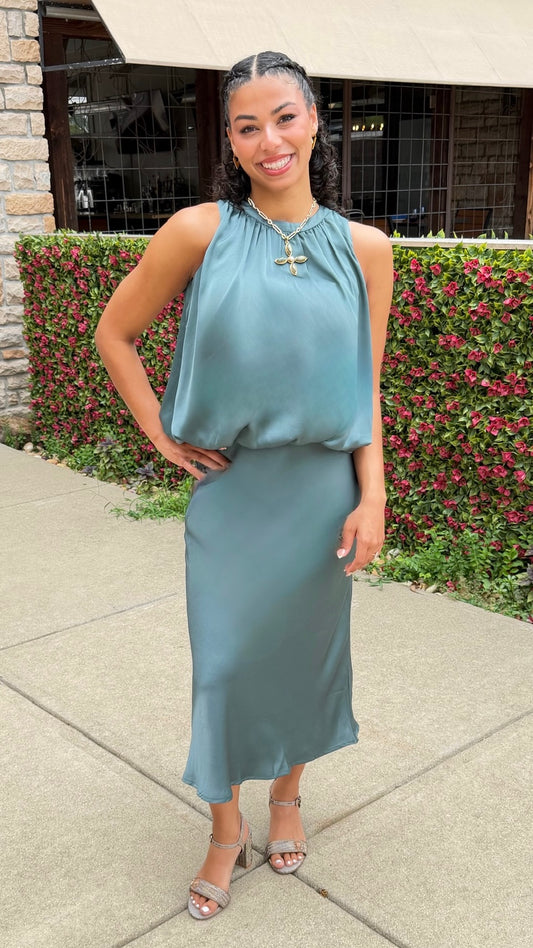 Aria Satin Maxi Skirt - Teal
