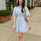 Audrey Pleated Mini Shirt Dress - Blue Stripe