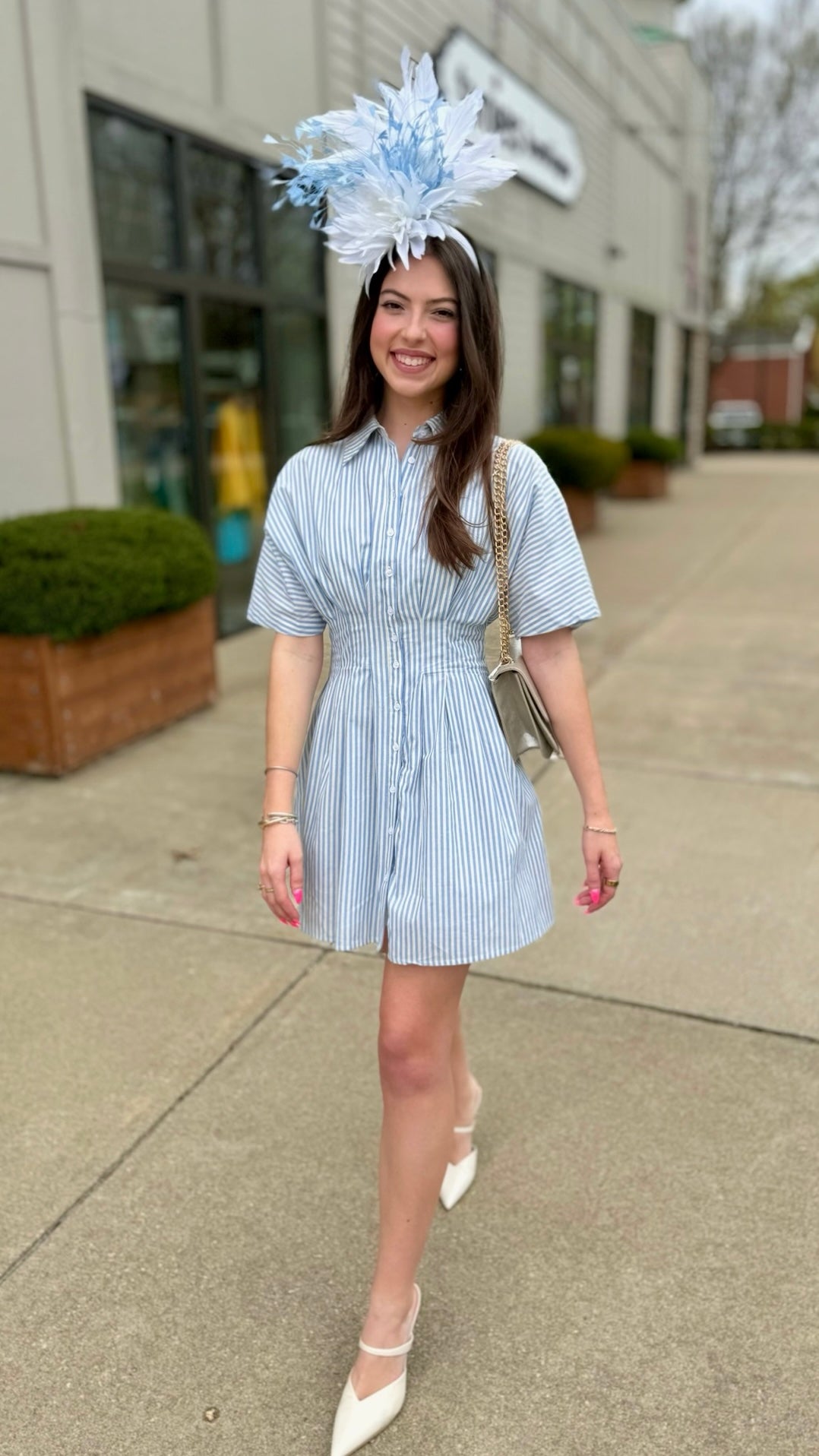 Audrey Pleated Mini Shirt Dress - Blue Stripe