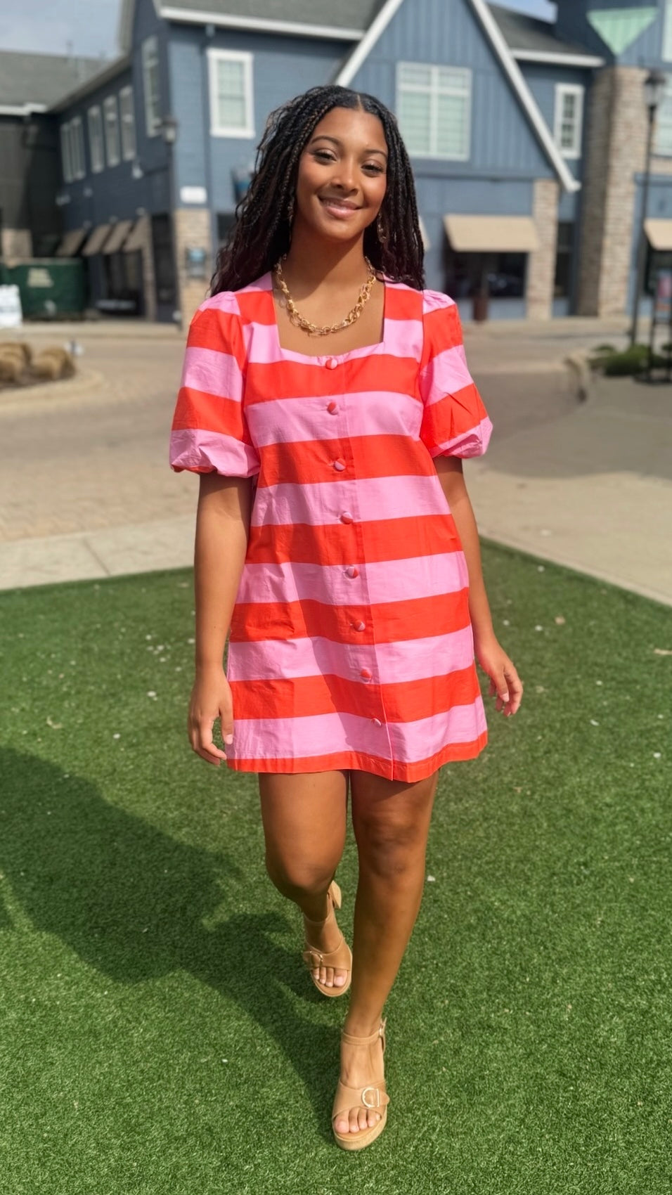 Tatum Stripe Dress - Pink & Tangerine