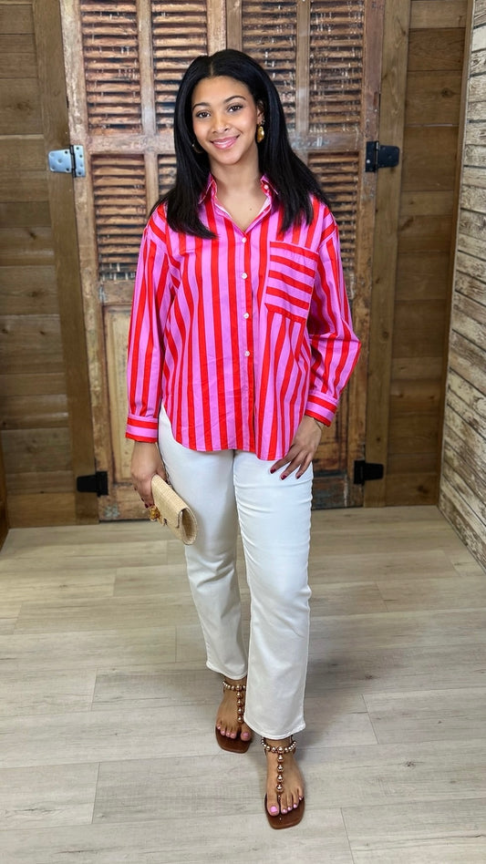 Louise Button Up Top - Red/Pink
