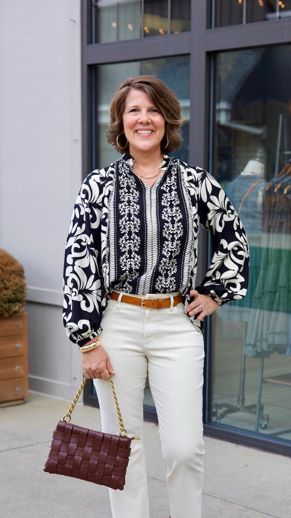 Marla Abstract Blouse With Frayed Trim - Black