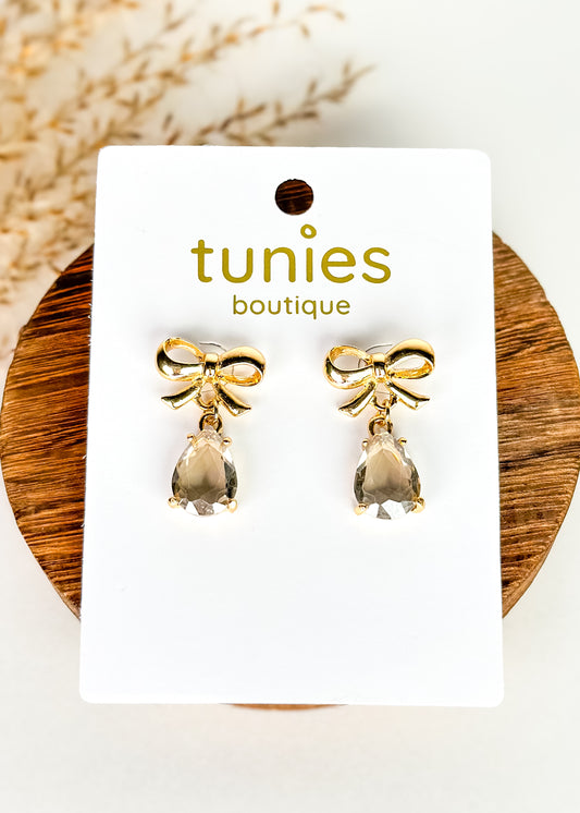 Gold Bow & Bling Teardrop Earrings - Smoke