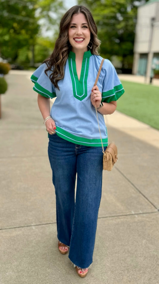 New Nancy Top - Blue & Kelly Green