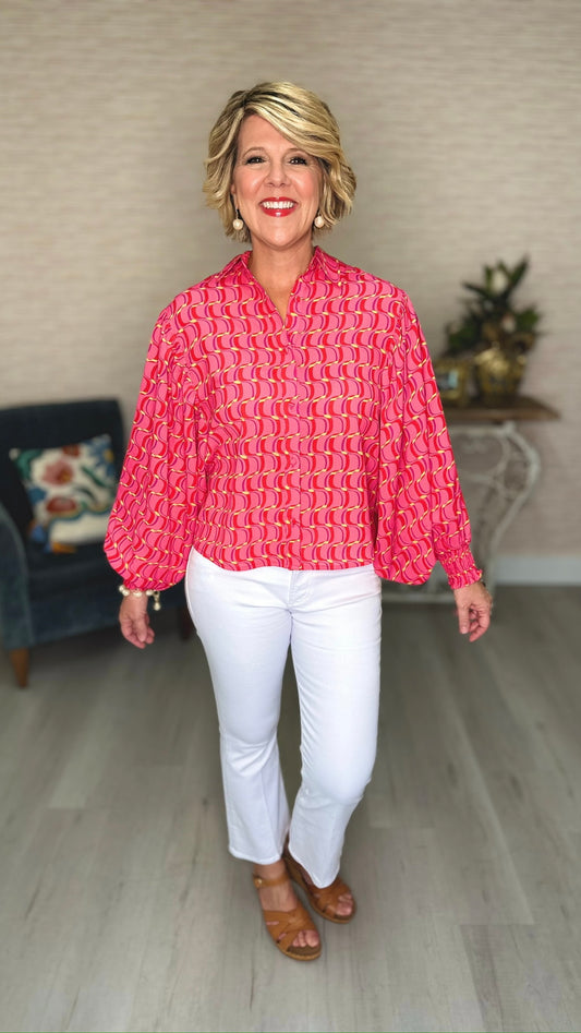 Playful Printed Bubble Sleeve Blouse - Pink