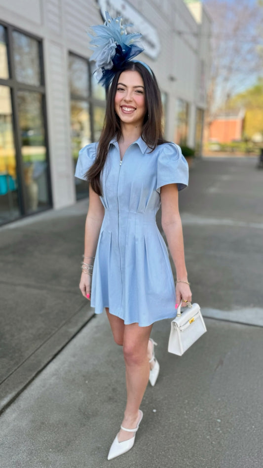 Aubrey Denim Pleat Waist Zip Mini Dress - Blue