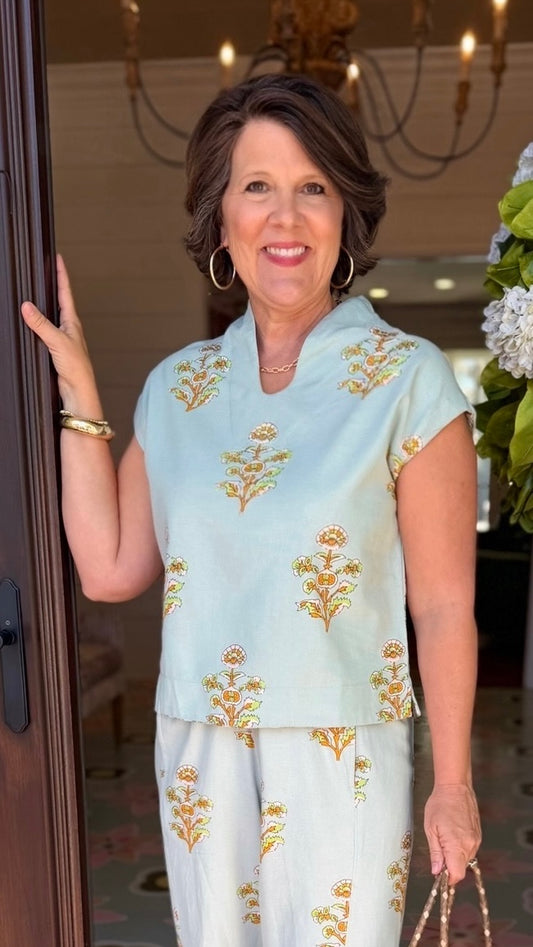 Ivy Jane Print Popover Top - Aqua