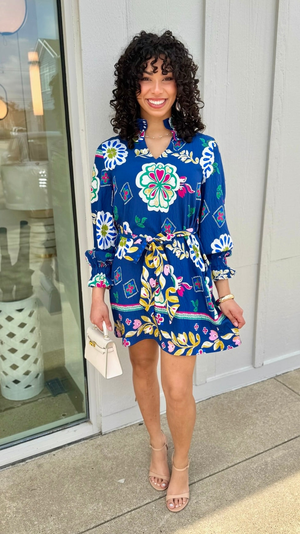 Jenny Floral Belted Dress - Cobalt