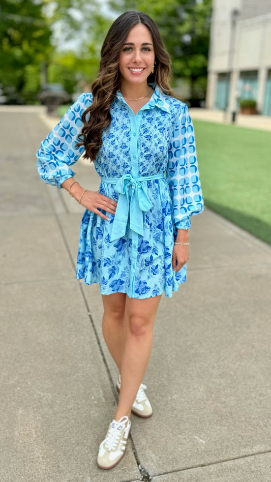Bailey Abstract Floral Button Up Dress - Aqua