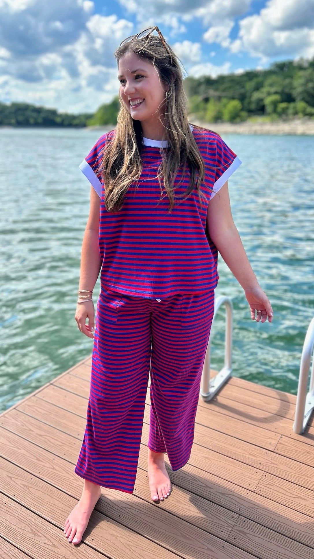 Georgianna Striped Drawstring Pants - Red & Blue With White Trim Detail