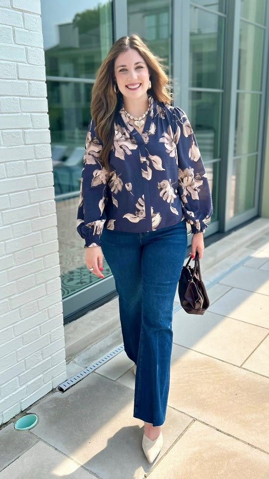 Leana Fall Floral Top - Navy & Beige