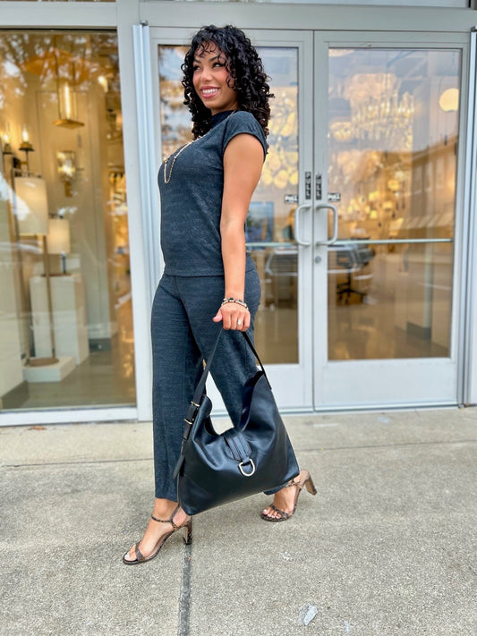 Jacquard Short Sleeve Top - Charcoal