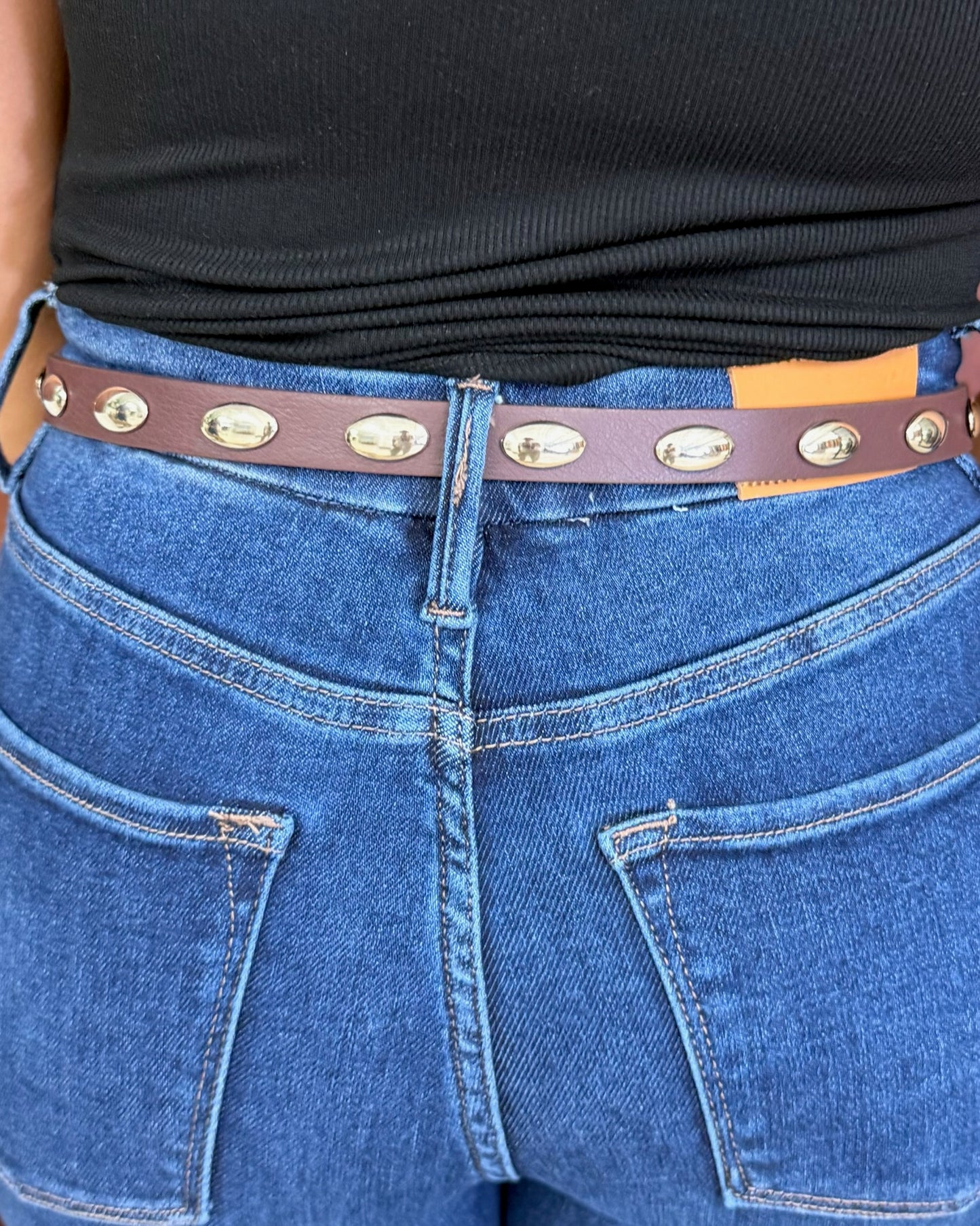 Coffee Leather Belt With Silver Oval Studs