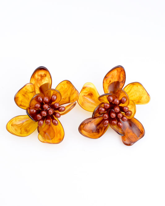 Resin Flower Statement Earrings - Brown