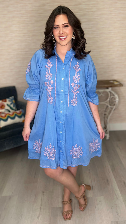 Uncle Frank Embroidered Beauty Button Dress - Blue