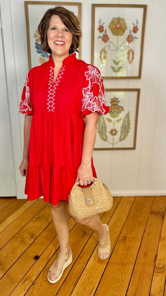Mazie Embroidered Sleeve Dress - Red