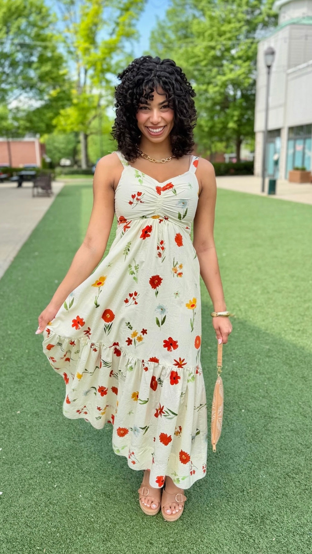 Marie Poppy Midi Dress - Ivory