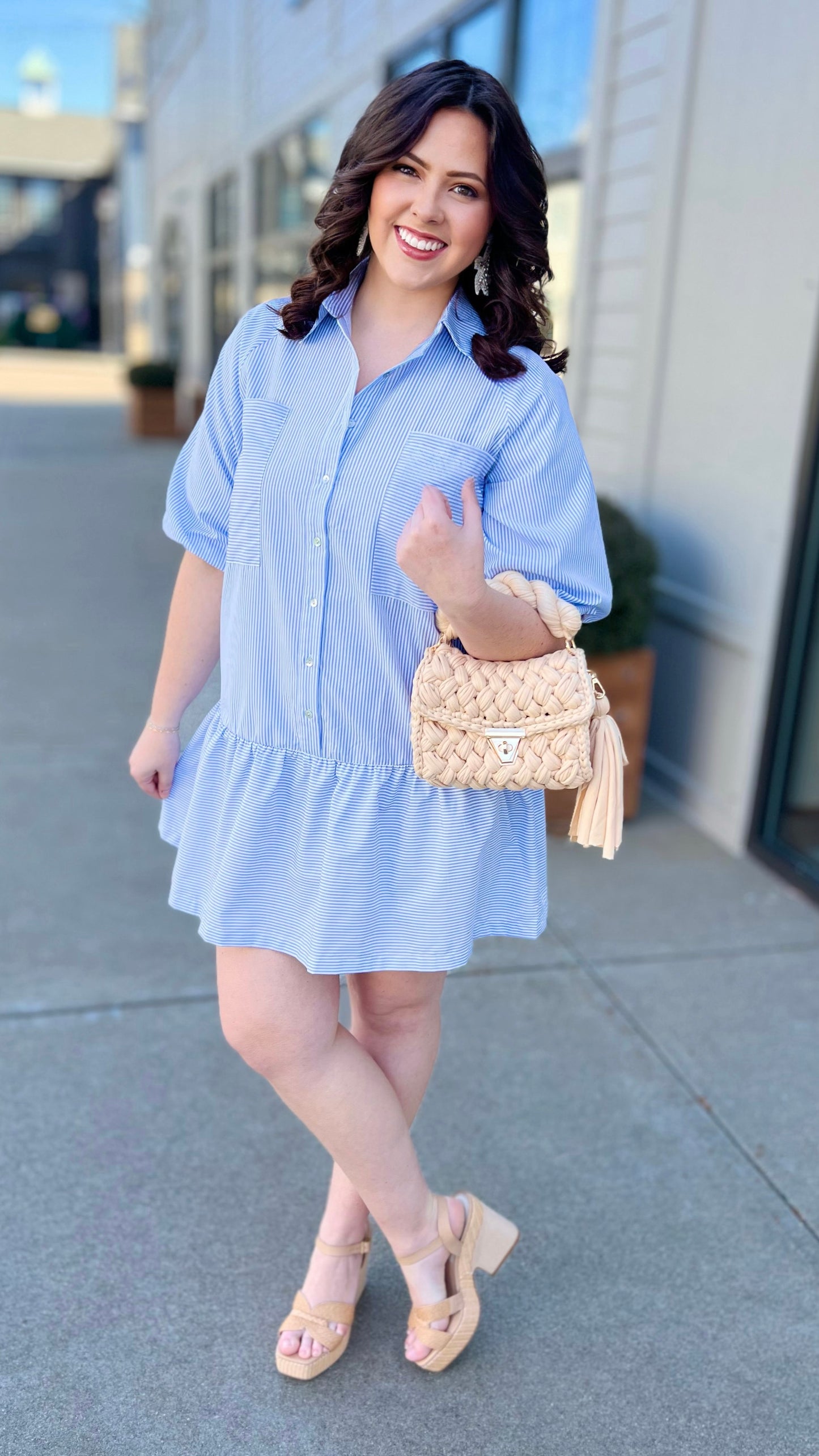 Blue Stripe Ruffle Bottom Dress