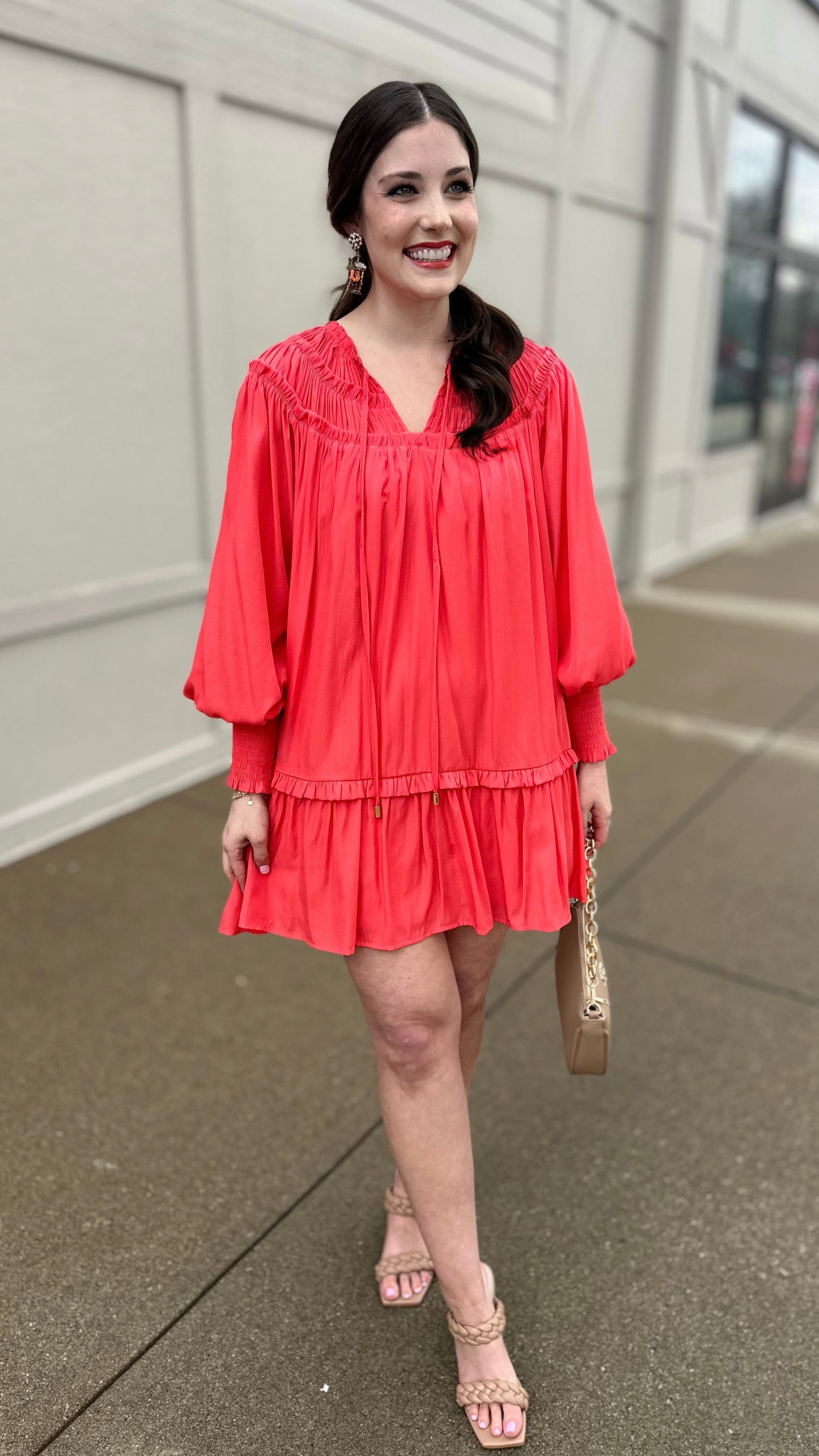 Lillian Lined Tie Neck Dress - Coral