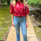 Stark X Puff Sleeve Button Up - Red / White Print