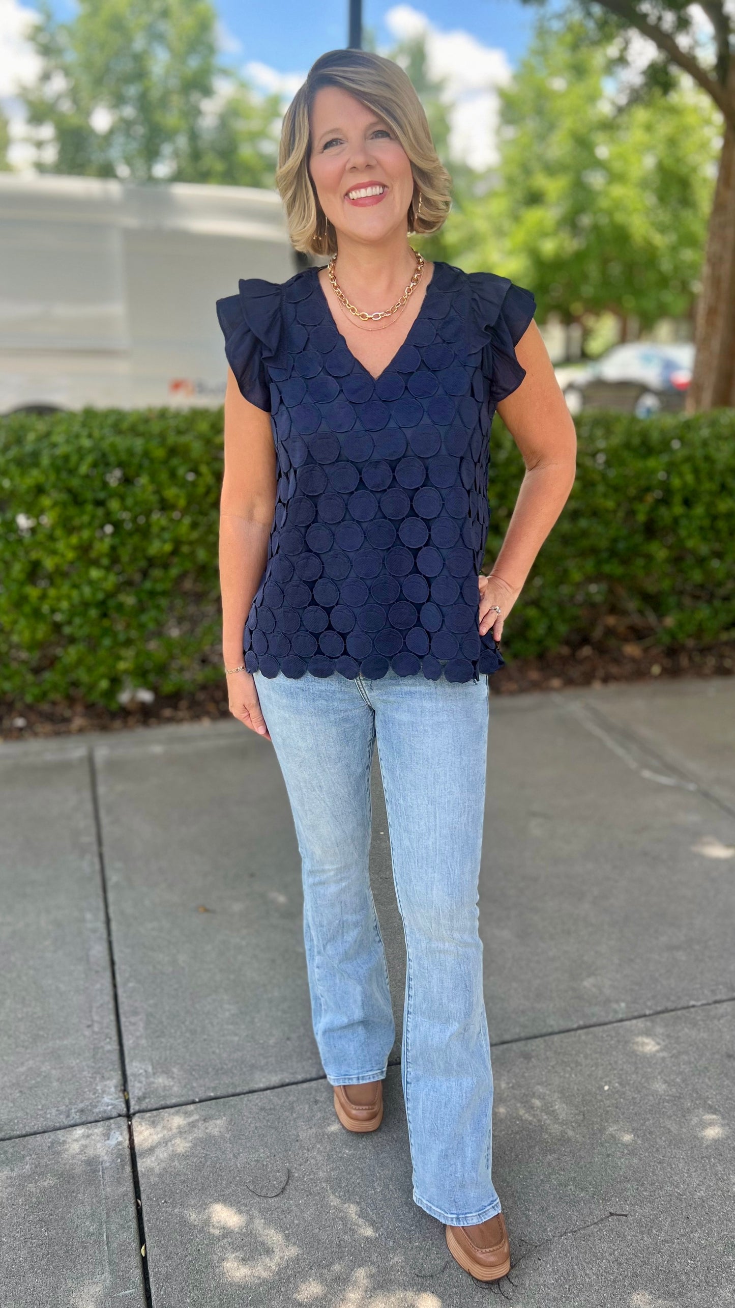 Navy Dotty Flutter Sleeve Top