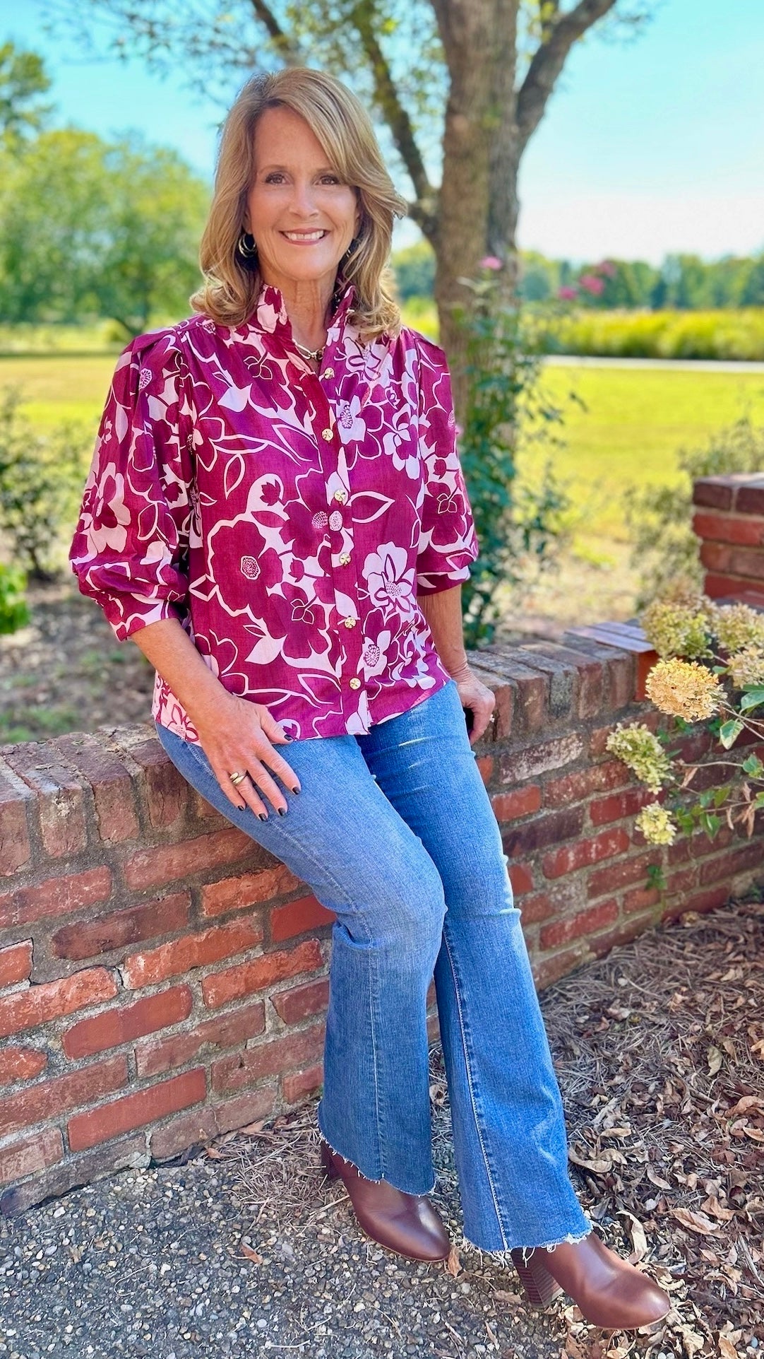 Wine & Pink Floral Button Top