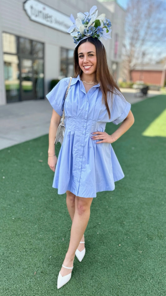 Chambray Pleat Waist Mini Dress