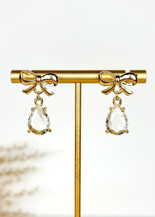 Gold Bow & Bling Teardrop Earrings - Crystal