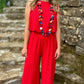 Red Crepe Wide Leg Pants