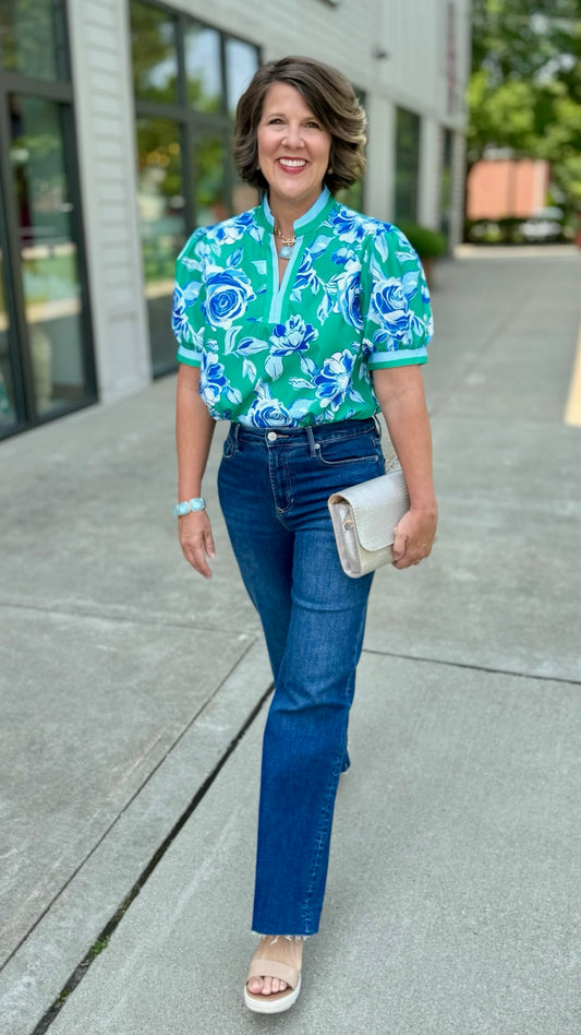 Chic Floral Print Blouse - Green