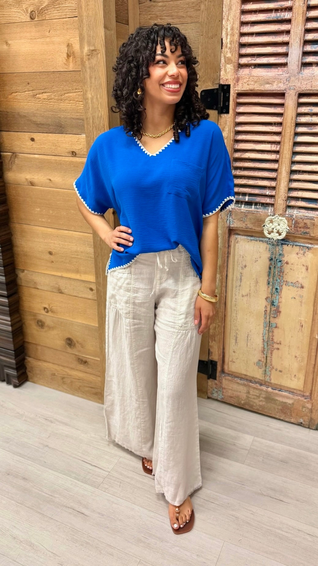 Eileen VNeck Embroidered Top - Royal Blue
